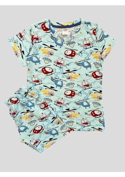 Erkek Çocuk %100 Pamuklu Helikopter Desenli Mavi Kısa Kollu Şortlu Yazlık Pijama Takımı fiyatları
