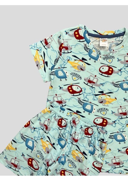 Erkek Çocuk %100 Pamuklu Helikopter Desenli Mavi Kısa Kollu Şortlu Yazlık Pijama Takımı modelleri
