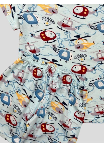 Erkek Çocuk %100 Pamuklu Helikopter Desenli Mavi Kısa Kollu Şortlu Yazlık Pijama Takımı fırsatları