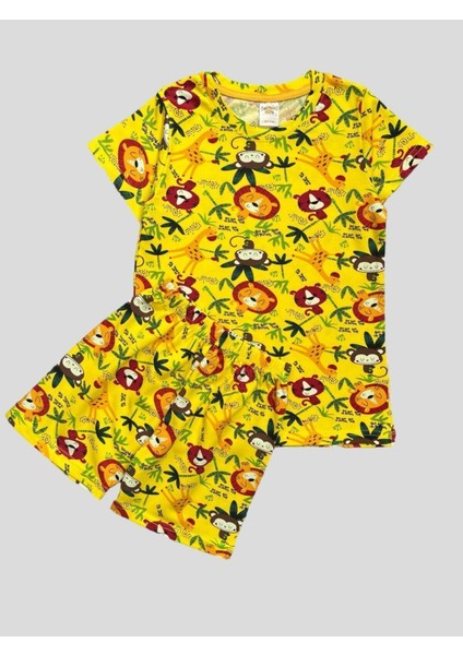 Erkek Çocuk %100 Pamuklu Safari Desenli Sarı Kısa Kollu Şortlu Pijama Takımı