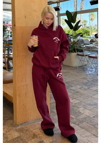 Bordo Kapüşonlu Baskılı Kadın Eşofman Takımı MG2524