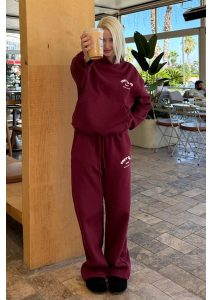 Bordo Kapüşonlu Baskılı Kadın Eşofman Takımı MG2524 fiyatları