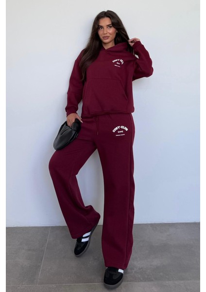 Bordo Kapüşonlu Baskılı Kadın Eşofman Takımı MG2524 modelleri