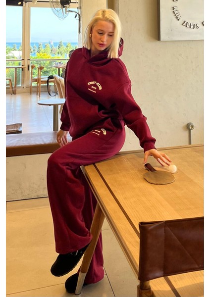 Bordo Kapüşonlu Baskılı Kadın Eşofman Takımı MG2524 fırsatları