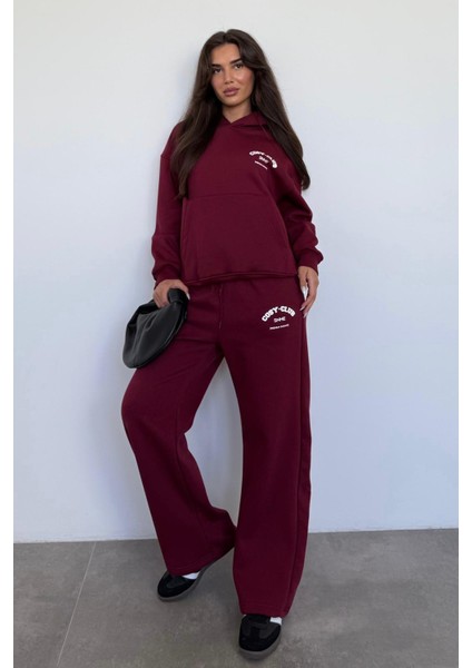 Bordo Kapüşonlu Baskılı Kadın Eşofman Takımı MG2524 indirimleri