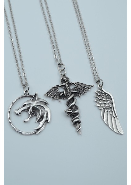 3'lü Yarasa Yılan Kılıç Witcher Çember Kanat Gümüş Kaplama Kolye Seti