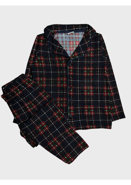 Erkek Çocuk Pamuklu Bordo Ekose Kumaş Gömlek Yaka Boydan Düğmeli Mevsimlik Pijama Takımı