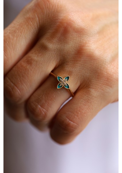 14 Ayar Altın Turkuaz Mineli ve Taşlı Lilyum Yüzük fiyatları