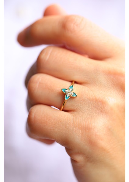 14 Ayar Altın Turkuaz Mineli ve Taşlı Lilyum Yüzük modelleri