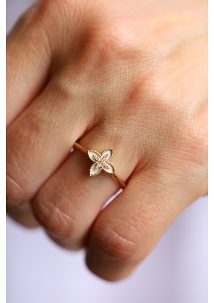 14 Ayar Altın Ekru Mineli ve Taşlı Lilyum Yüzük fiyatları