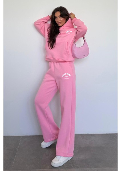 Pembe Kapüşonlu Baskılı Kadın Eşofman Takımı MG2524