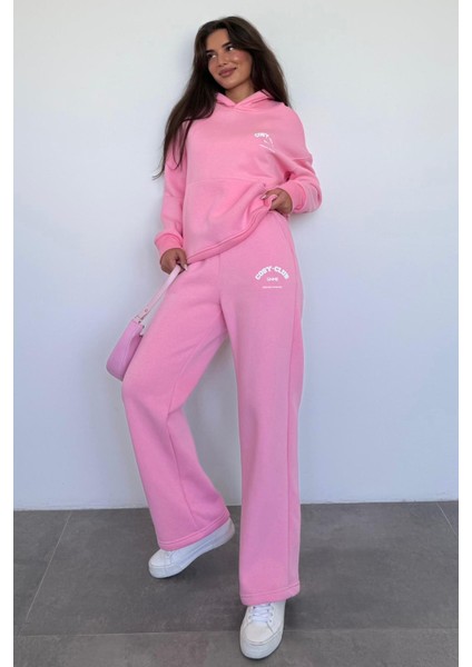 Pembe Kapüşonlu Baskılı Kadın Eşofman Takımı MG2524 fırsatları