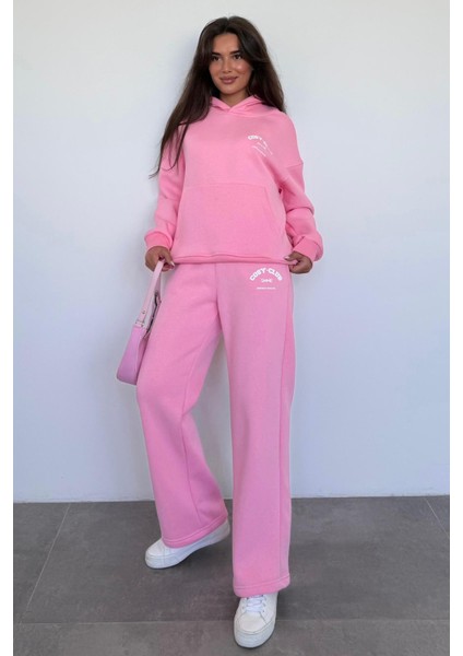 Pembe Kapüşonlu Baskılı Kadın Eşofman Takımı MG2524 indirimleri