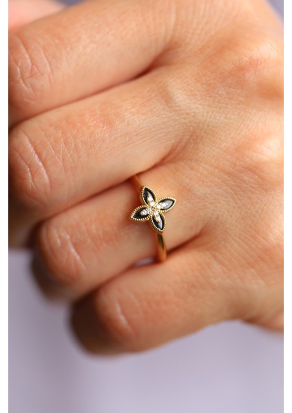 14 Ayar Altın Siyah Mineli ve Taşlı Lilyum Yüzük modelleri