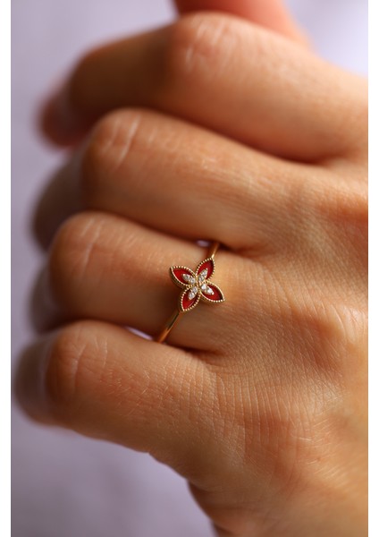 14 Ayar Altın Kırmızı Mineli ve Taşlı Lilyum Yüzük