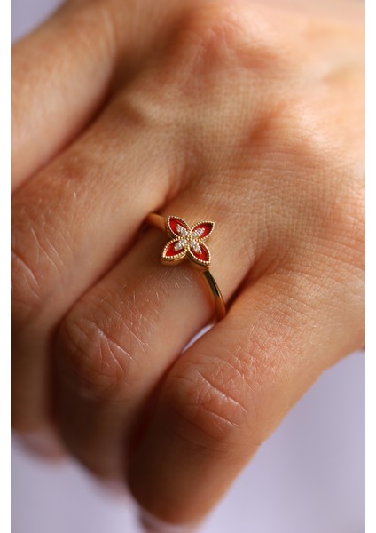 14 Ayar Altın Kırmızı Mineli ve Taşlı Lilyum Yüzük fiyatları