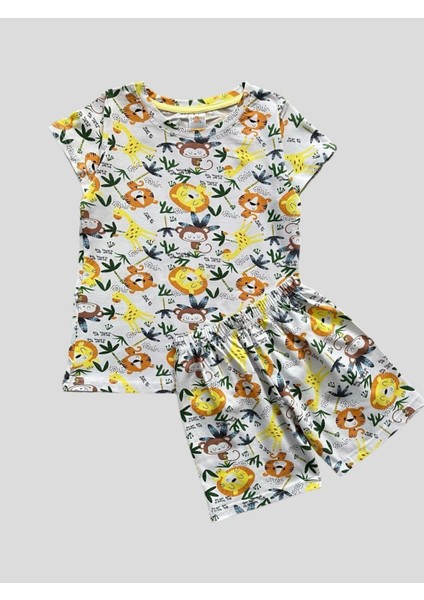 Erkek Çocuk %100 Pamuklu Safari Desenli Beyaz Kısa Kollu Şortlu Pijama Takımı