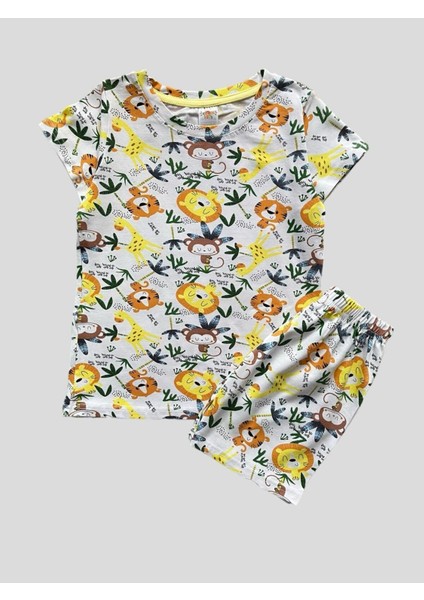 Erkek Çocuk %100 Pamuklu Safari Desenli Beyaz Kısa Kollu Şortlu Pijama Takımı fiyatları