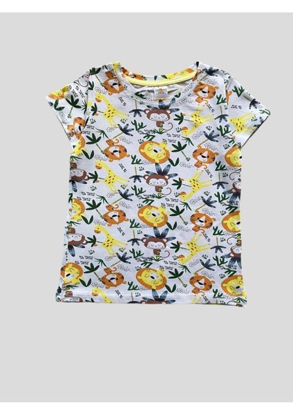 Erkek Çocuk %100 Pamuklu Safari Desenli Beyaz Kısa Kollu Şortlu Pijama Takımı fırsatları