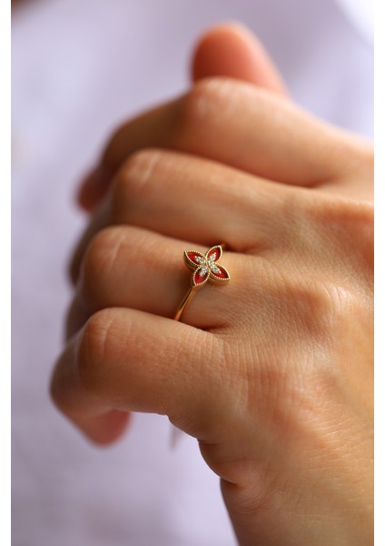 14 Ayar Altın Kırmızı Mineli ve Taşlı Lilyum Yüzük modelleri