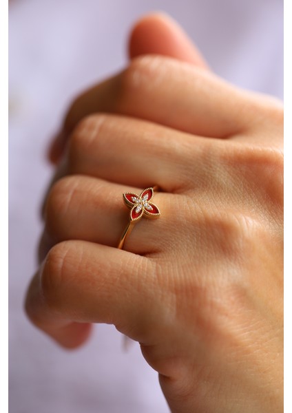 14 Ayar Altın Kırmızı Mineli ve Taşlı Lilyum Yüzük fırsatları