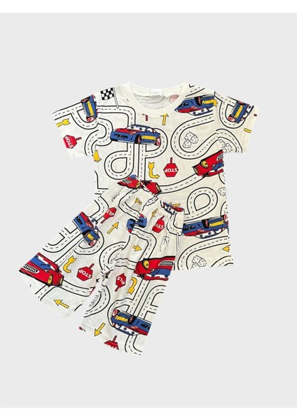 Erkek Çocuk Pamuklu Beyaz Araba Yol Desenli Kısa Kollu Şortlu Yazlık Pijama Takımı