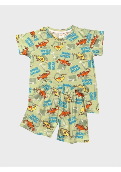 Erkek Çocuk %100 Pamuklu Yeşil Dinozor Desenli Kısa Kollu Şortlu Yazlık Pijama Takımı