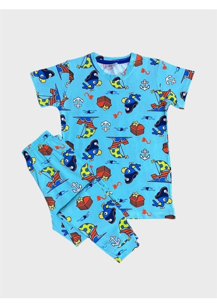 Erkek Çocuk %100 Pamuklu Mavi Yelken Balık Desenli Kısa Kollu Altı Uzun Yazlık Pijama Takımı
