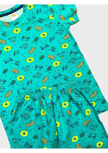 Erkek Çocuk %100 Pamuklu Yeşil Ayıcık Desenli Kısa Kollu Şortlu Yazlık Pijama Takımı fiyatları
