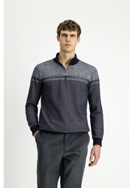 Yarım Balıkçı Yaka Yaka Regular Fit Desenli Fermuarlı Pamuklu Sweatshirt