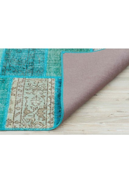 Yeşil Patchwork Etnik Modern Desenli Yün Hav Toz Vermez Leke Tutmayan Salon Yolluk Mutfak El Dokuma Halı