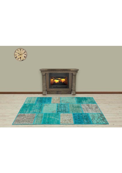 Yeşil Patchwork Etnik Modern Desenli Yün Hav Toz Vermez Leke Tutmayan Salon Yolluk Mutfak El Dokuma Halı modelleri