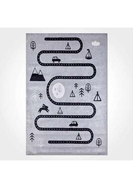 Fatima Çocuk Gri Polyester Dikdörtgen Modern Desenli Pamuk Makinada Yıkanabilir Hav Toz Vermez Leke Tutmayan Kaymaz Taban Dijital Makine Baskı Salon Yolluk Mutfak Halı