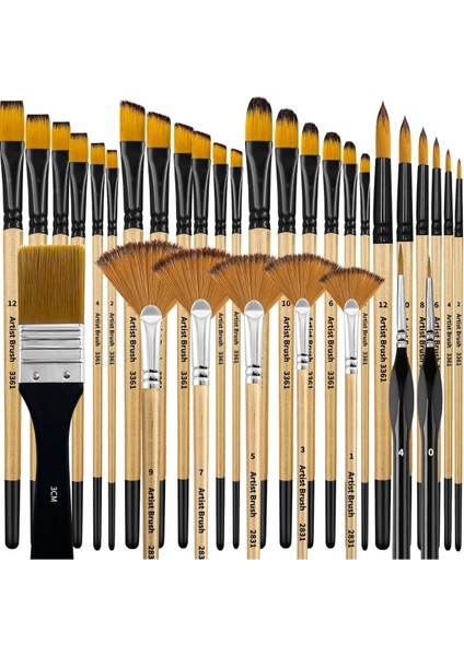 32 Parça Farklı Fırça Uçlarına Sahip Guaj Akrilik Sulu ve Yağlı Boyaya Uygun Fırça Seti