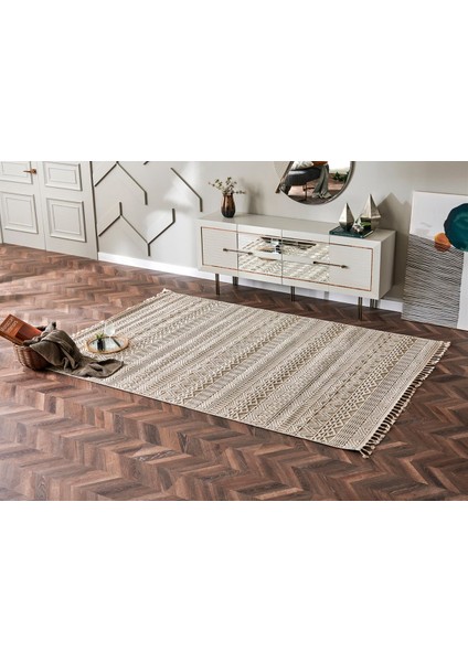 Norman Bej Çizgili Etnik Modern Desenli Poliproplen Hav Vermeyen Leke Tutmayan Kolay Temizlenen Yumuşak Makine Salon Yolluk Mutfak Halı modelleri