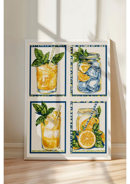 Beyaz Çerçeveli Tablo, Dört Mevsim Limon Illüstrasyonu, Mutfak Dekoru Poster No: 110037 modelleri