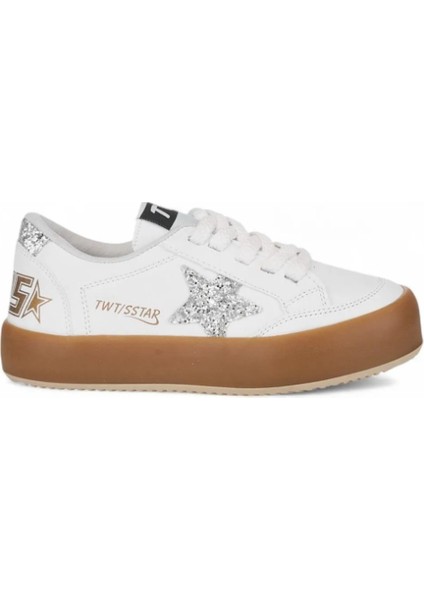 Kız Çocuk Yıldız Desenli Spor Ayakkabı Beyaz Gümüş Taşlı 0217