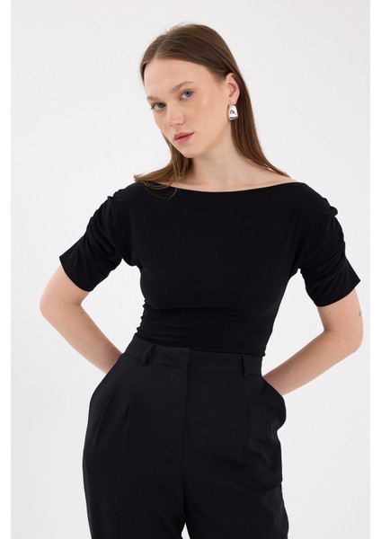 Siyah Kayık Yaka Kol Büzgülü Bluz 2515 fiyatları