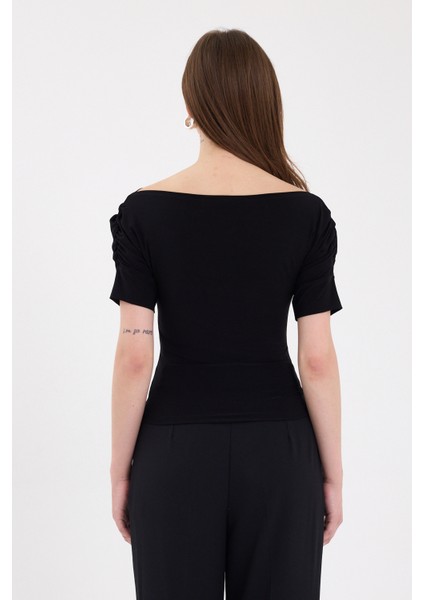 Siyah Kayık Yaka Kol Büzgülü Bluz 2515 indirimleri