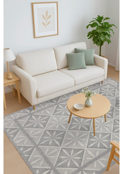 Nora Gri Geometrik Desenli Dokuma Tabanlı Modern Şönil Halı Al 502