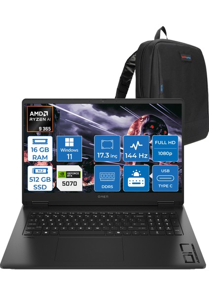 Omen 17-DB1003NT Amd Ryzen Aı 9 365 16GB Ddr5 512GB SSD RTX5070 8gb Gddr7 17.3 Inç Fullhd (1920 x 1080) 144Hz 7ms 300NITS IPS Windows 11 Home Taşınabilir Bilgisayar C67G1EAH01 + Zetta Çanta