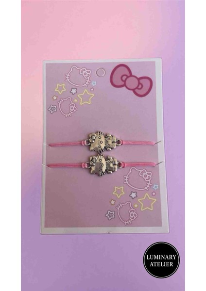 Hello Kitty 2’li Dostluk Bileklik & 2’li Kolye Seti – Pembe Ipli, Hediyelik Sevimli Takı modelleri