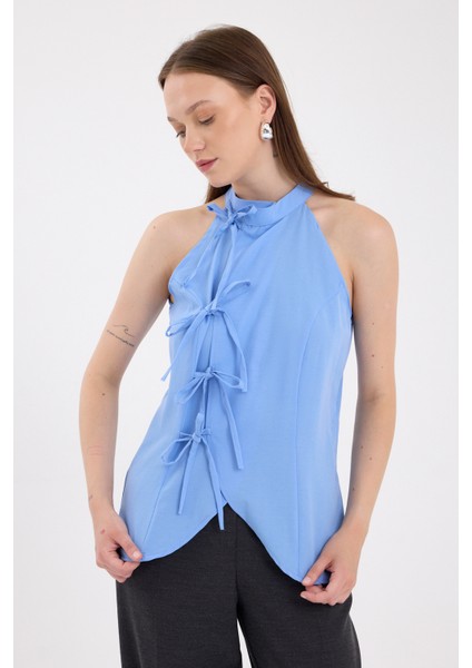 Mavi Ön Bağlama Detaylı Halter Yaka Bluz 8094A