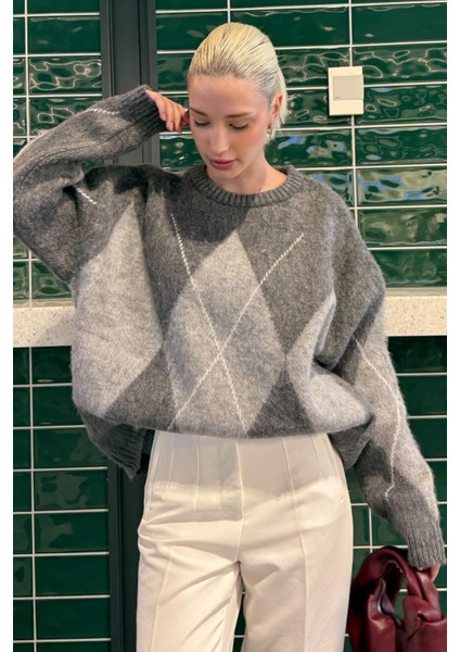 Koyu Gri Bisiklet Yaka Geometrik Desen Kadın Kazak MG2471