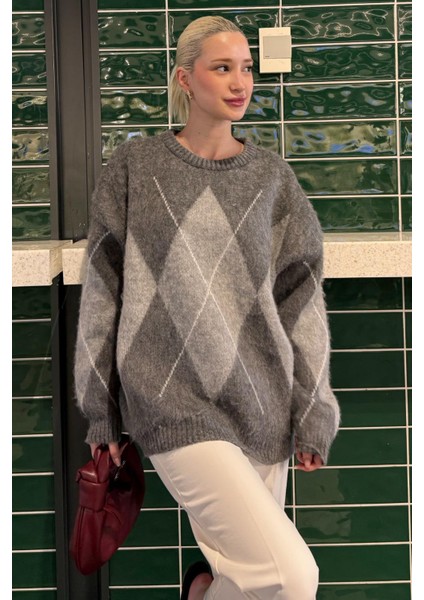 Koyu Gri Bisiklet Yaka Geometrik Desen Kadın Kazak MG2471 fiyatları