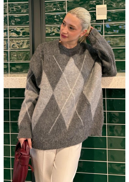 Koyu Gri Bisiklet Yaka Geometrik Desen Kadın Kazak MG2471 modelleri