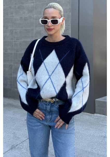 Lacivert Bisiklet Yaka Baklava Desen Kadın Kazak Mg2471