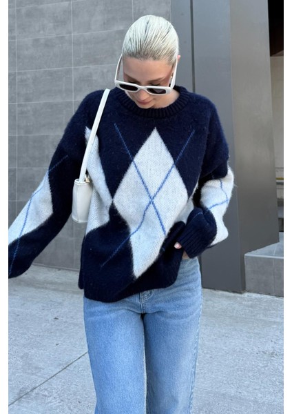 Lacivert Bisiklet Yaka Baklava Desen Kadın Kazak Mg2471 modelleri