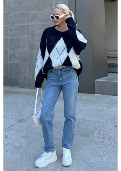 Lacivert Bisiklet Yaka Baklava Desen Kadın Kazak Mg2471 fırsatları