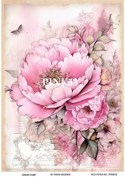 Pink Serisi PINK53 Pembe, Çiçek Desenli Pirinç Dekopaj 30X42